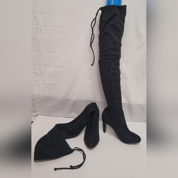 NY&Co Tall Black Suede Feel (man made) Boots Pull On With Top Drawstring 8 - Picture 7 of 7
